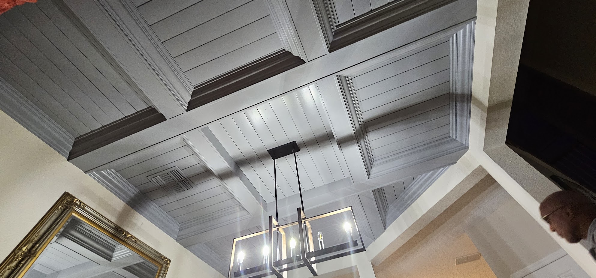 shiplap ceiling with coffered beams 