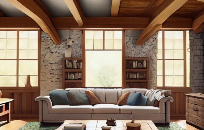 Ceiling beams in a beautifully decorated living room created by Adobe Firefly AI