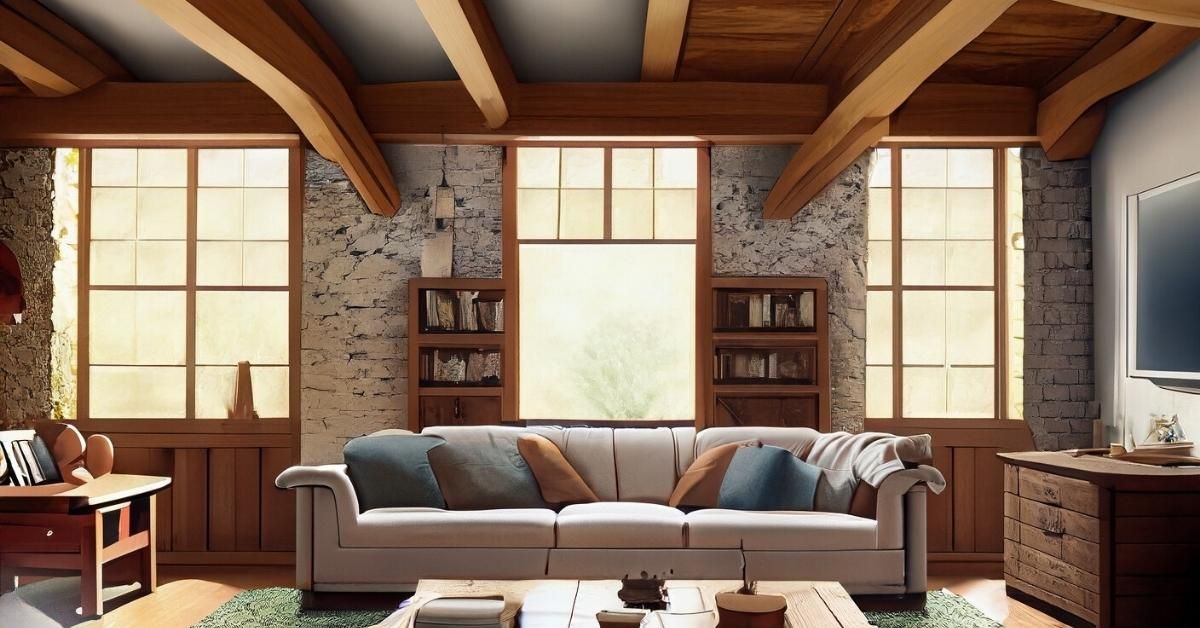 Ceiling beams in a beautifully decorated living room created by Adobe Firefly AI